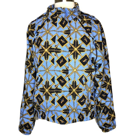 Vintage 1990 Liz Claiborne Jacket Small Horses Blue Hood Gold Petite Equestrian - Picture 3 of 8